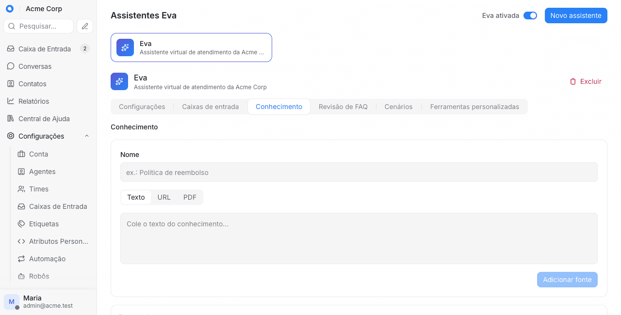 Aba Conhecimento da assistente Eva com o formulário de nova fonte nos modos Texto, URL e PDF