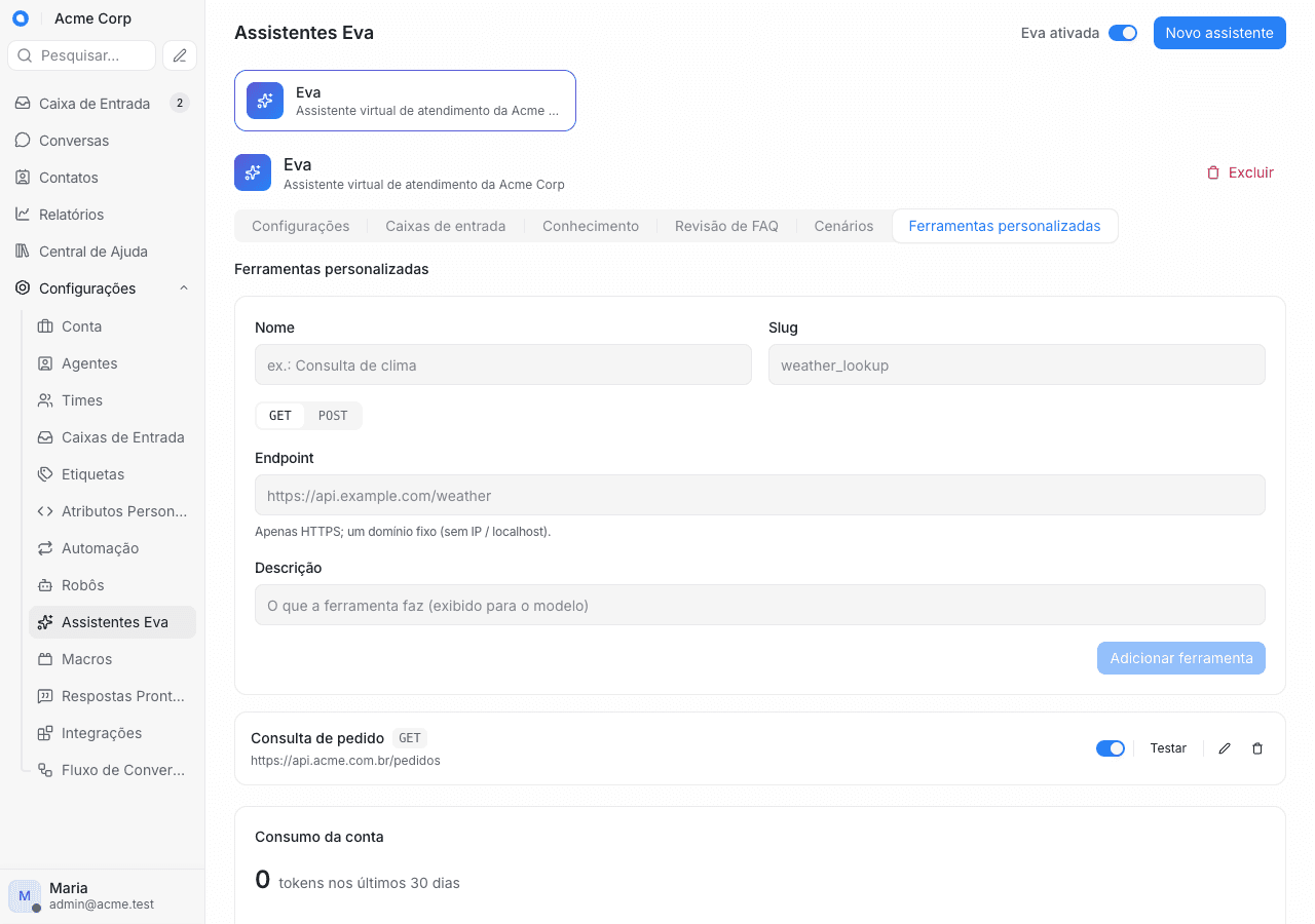 Aba Ferramentas personalizadas da Eva com endpoint HTTPS, método e teste da ferramenta