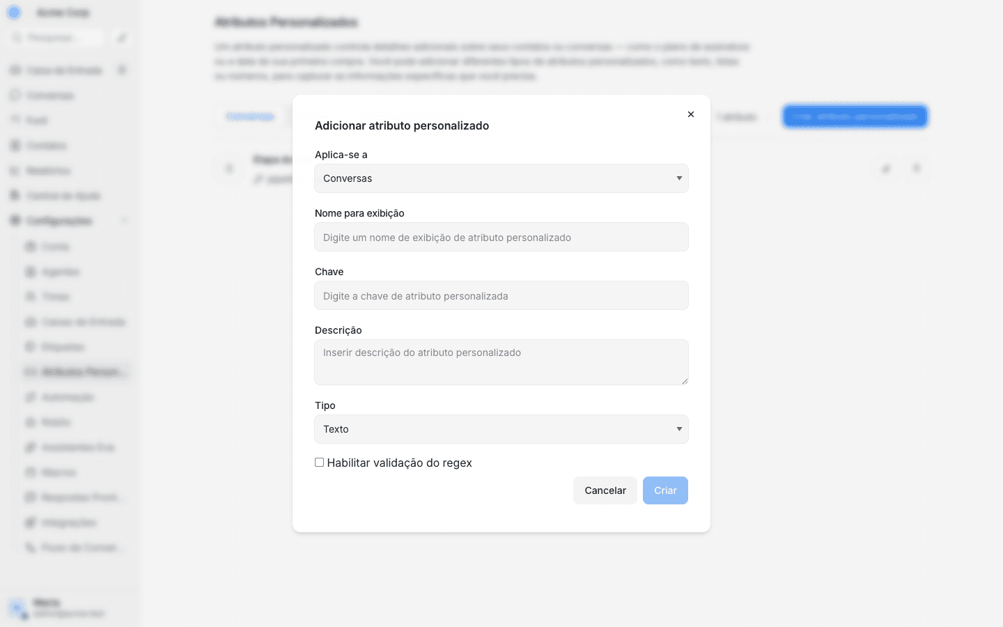 Janela Adicionar atributo personalizado com Aplica-se a definido como Conversas, o campo Chave preenchido com pipeline_stage e o Tipo Lista